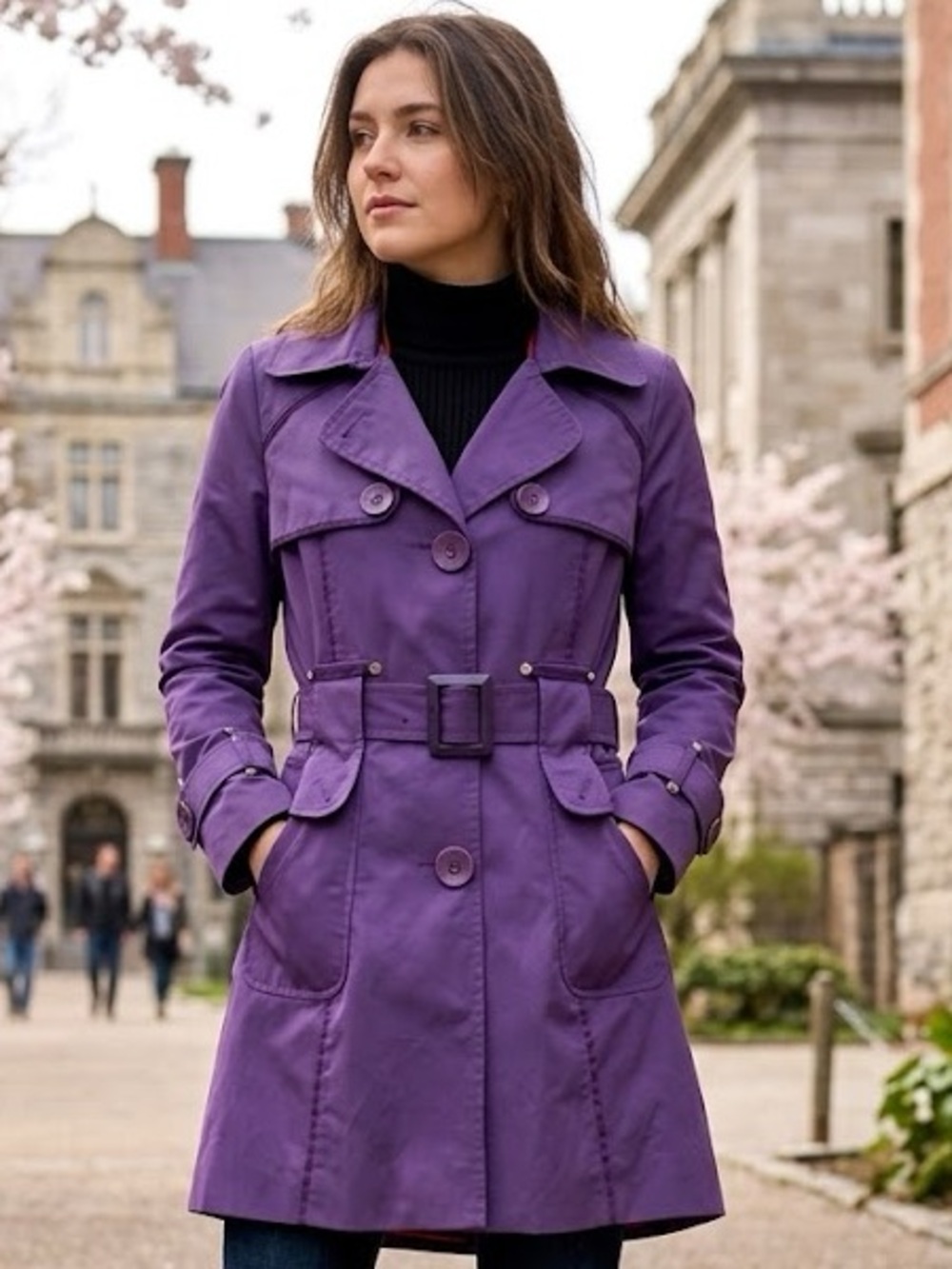 2XPOSE Purple Belted Trench Coat Jacket Medium Statement Buttons Mid-Length